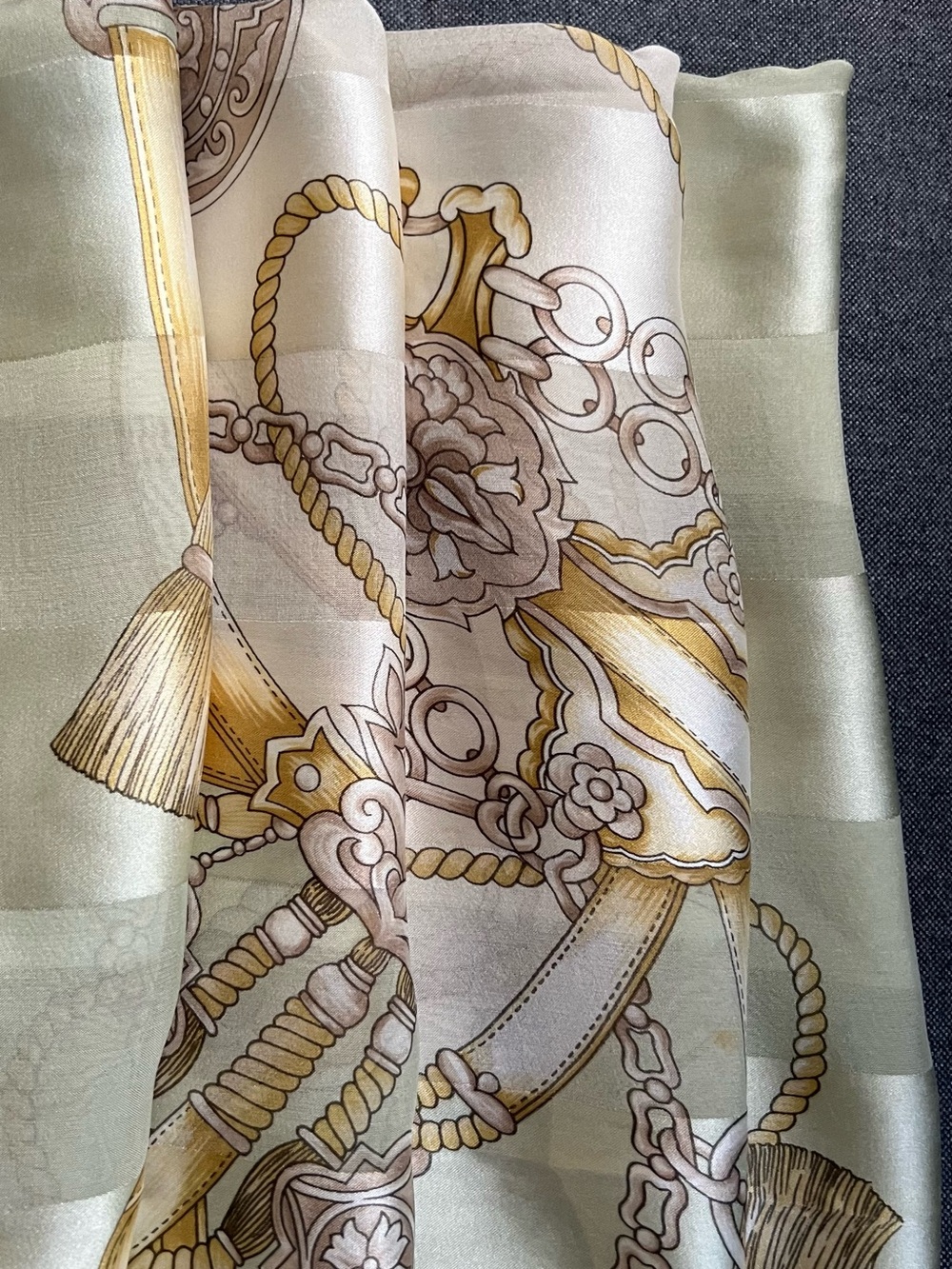 BALENCIAGA Paris Silk Square Scarf 34” Beige Gold Rope Tassel Crest Vintage - Picture 9 of 12